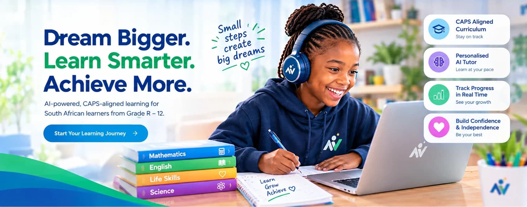 A smiling girl in headphones writes in her notebook at a laptop, beside a stack of school subject books.