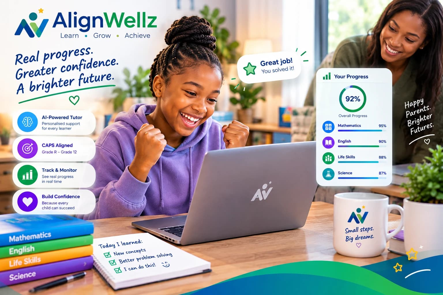 AlignWellz: Learn, Grow, Achieve. A happy girl cheers at her laptop while her mother smiles behind her. Real progress, greater confidence, a brighter future, with an AI-powered tutor and a parent progress view.